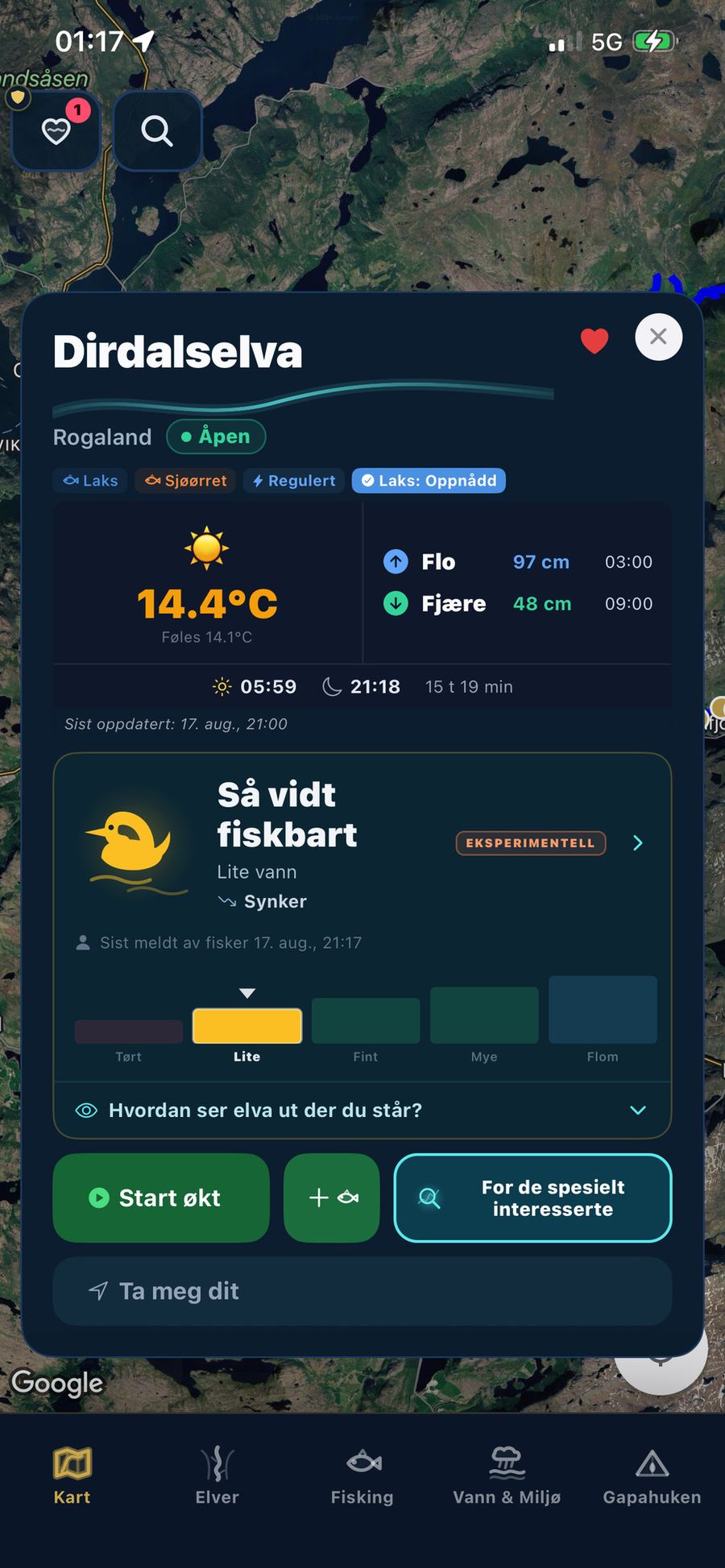 Skjermbilde fra Gapahuken: Kartet med elva åpen